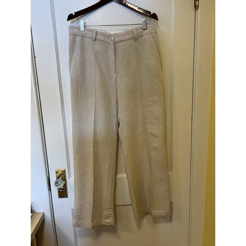Women's Linen Blend Trouser Pants‎ Dressy Beige/Tan Sz 12 Preppy Academia Spring